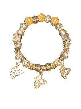 Yellow Floral Crystal Beaded Boho Stretch Bracelet Gold Tone Butterfly Charms